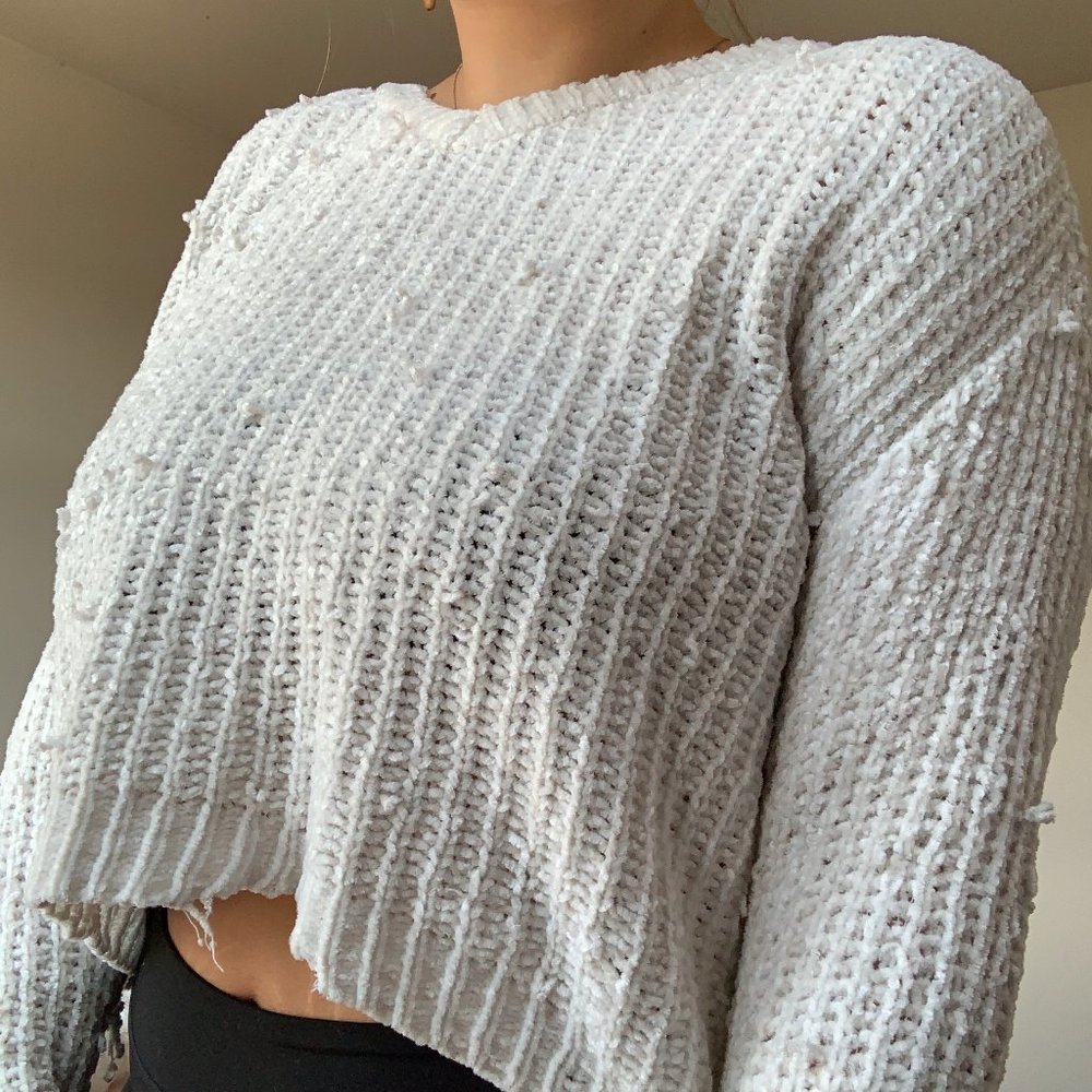 Distressed, Cropped White Knit Sweater